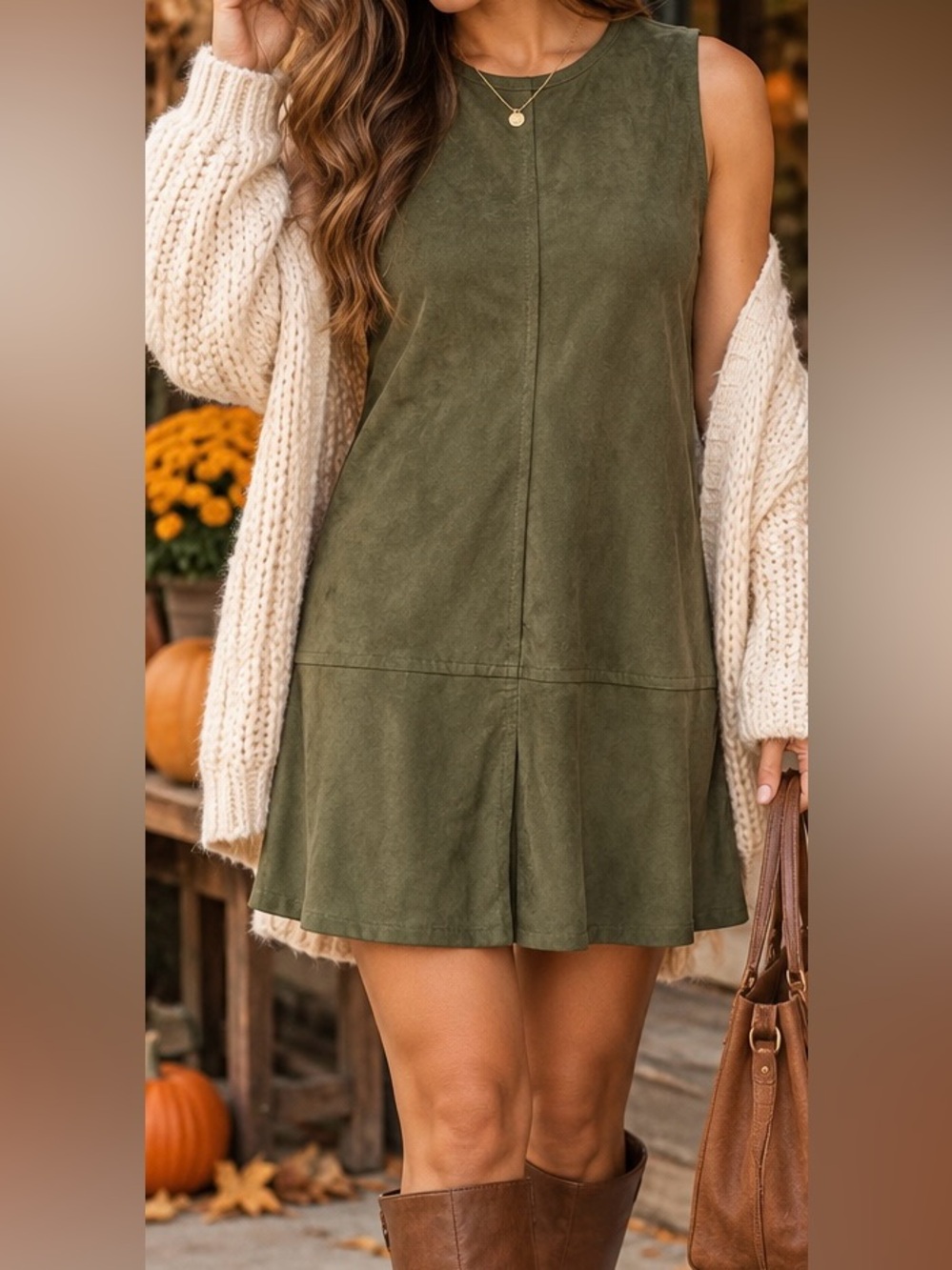 Ginger G Olive Green Faux Suede Shift Mini Dress Medium